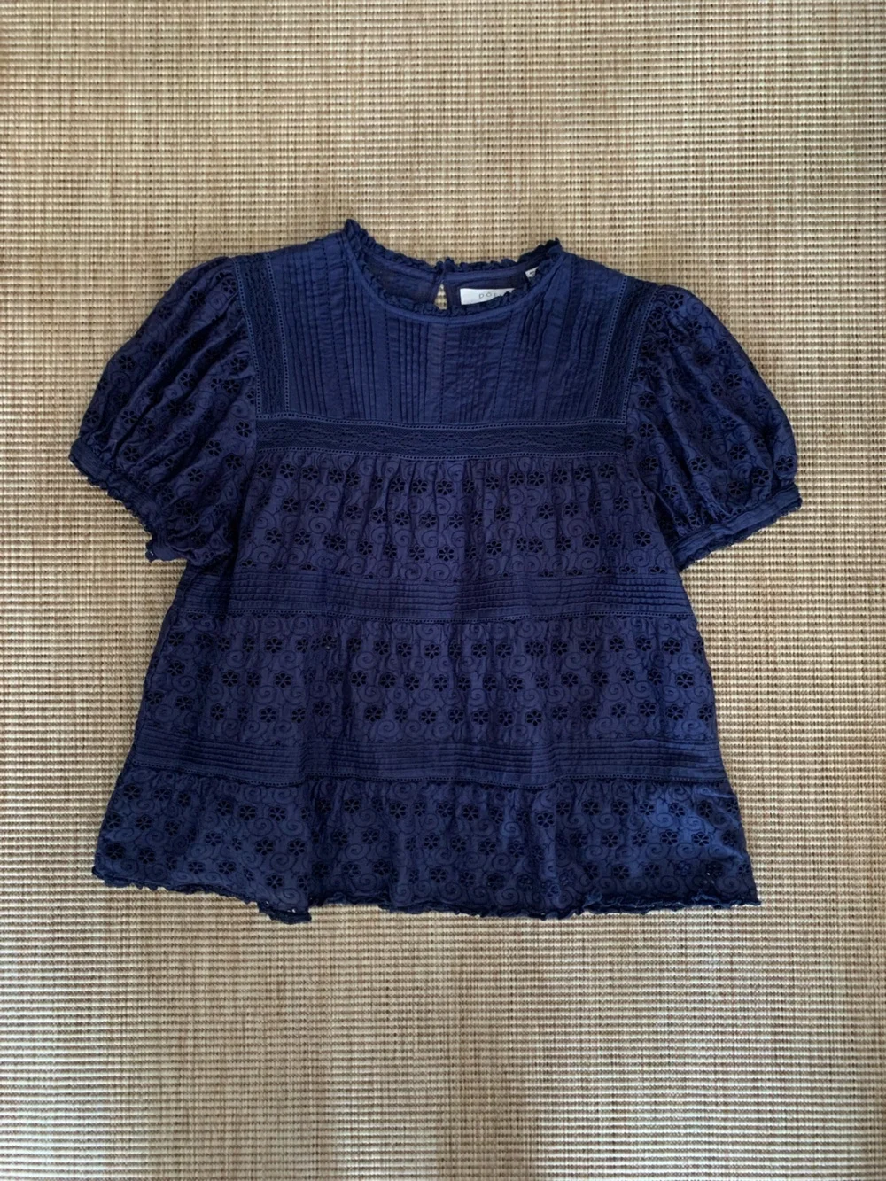 Doen Adeline Eyelet Cotton Short Puff Sleeve Babydoll Top Adriatic Navy Blue